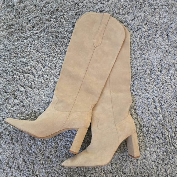 Zara Western Tall Suede Leather Knee-High Women's Cowboy Boots Tan 40 EU/ 9 US - Picture 5 of 15